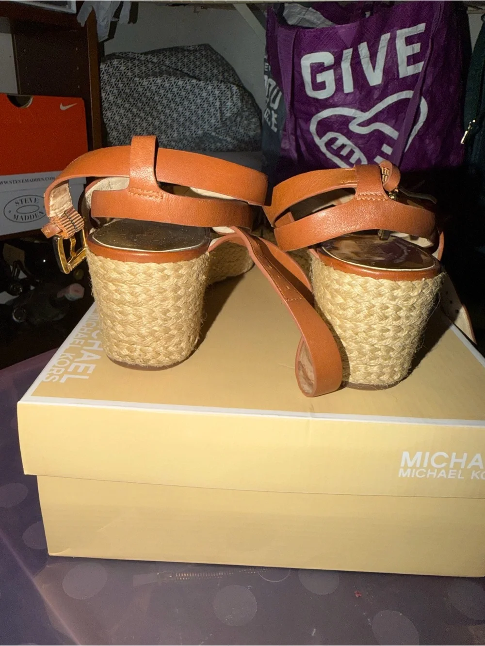 Michael Kors Brown Leather Espadrille Wedge Sandals, with Box